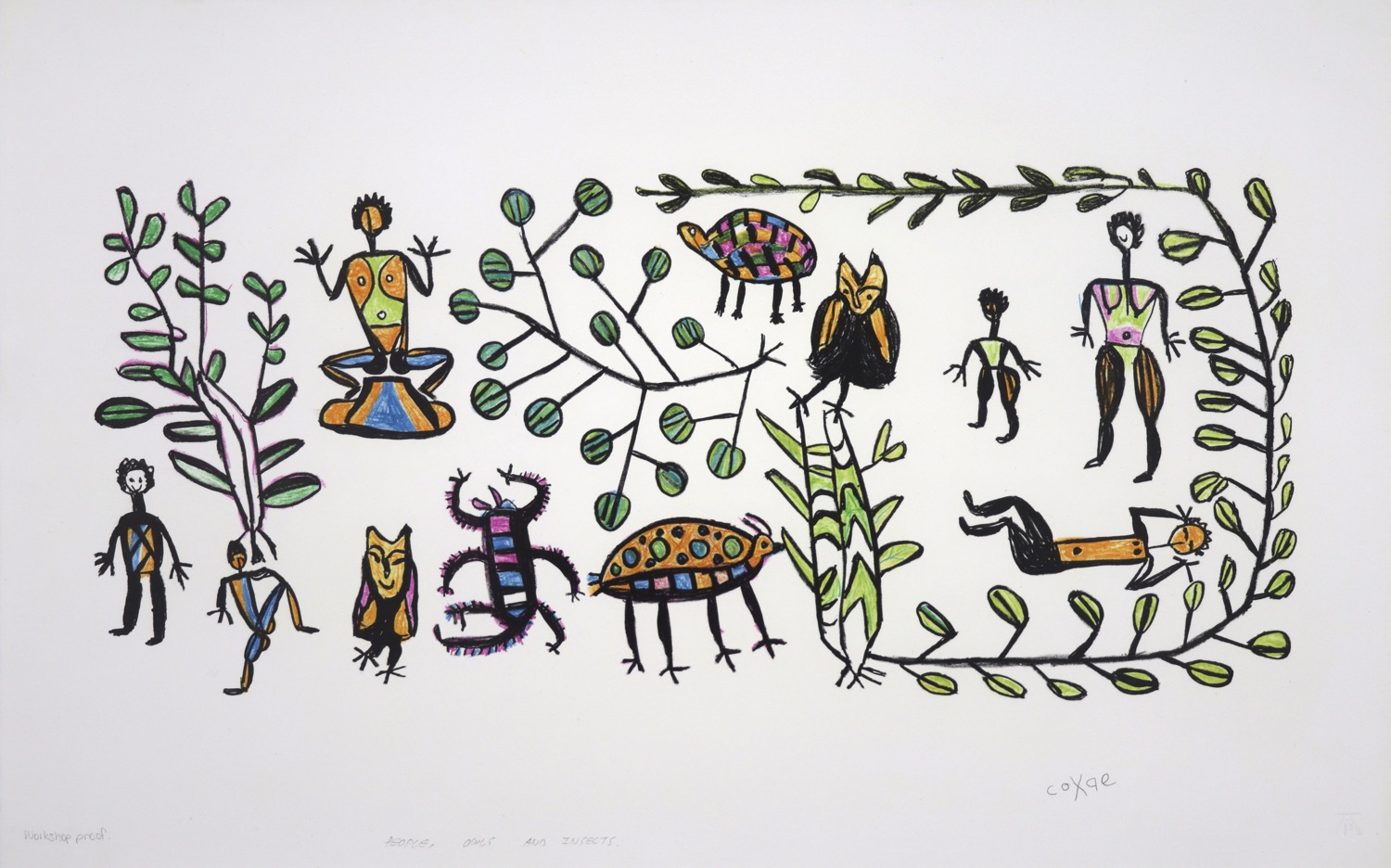 Human figures reduced to patterned forms  with birds and insects and surrounded by plant shapes