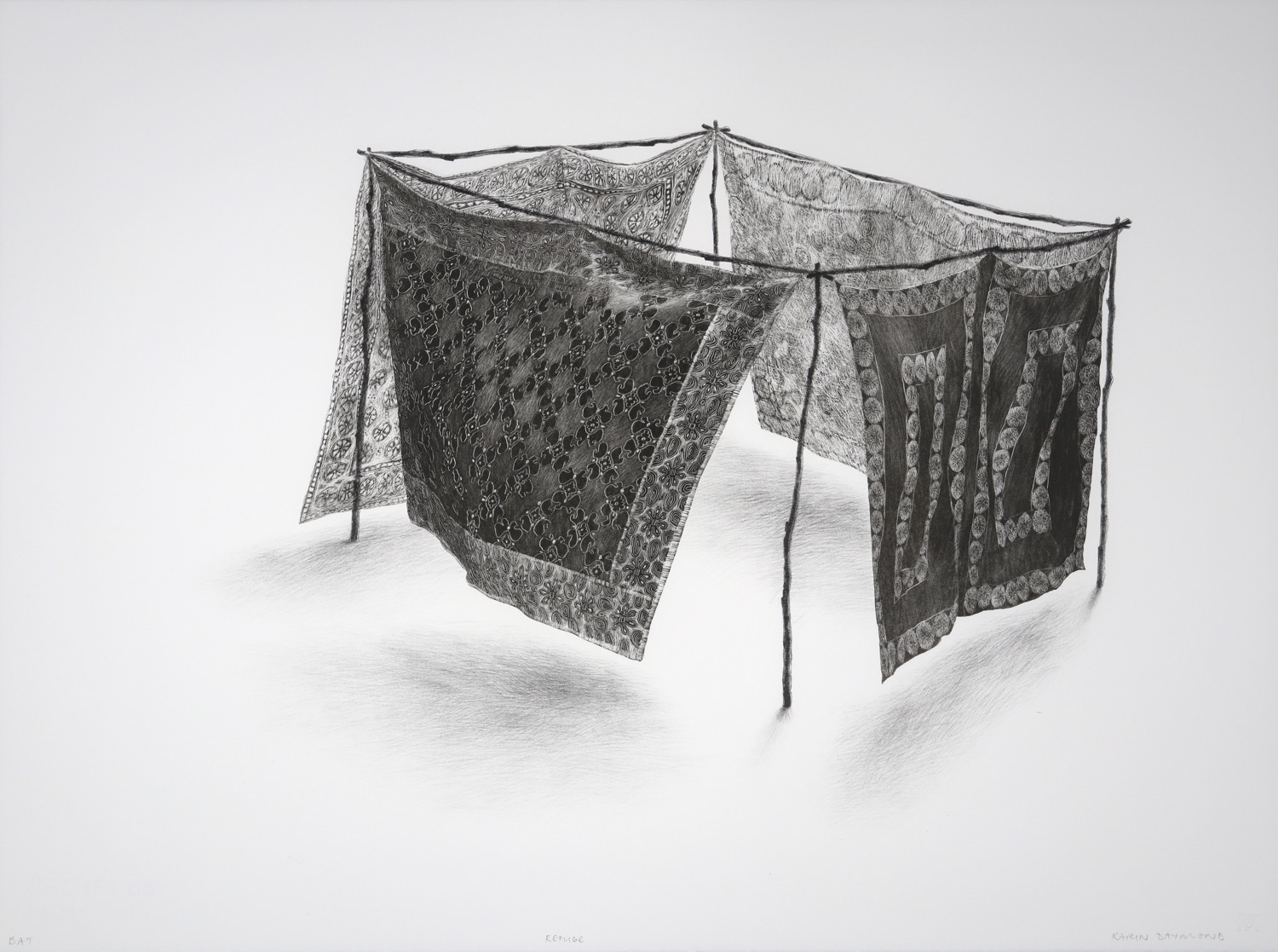A structure of sticks forming a square shelter with African patterned fabric wraps
