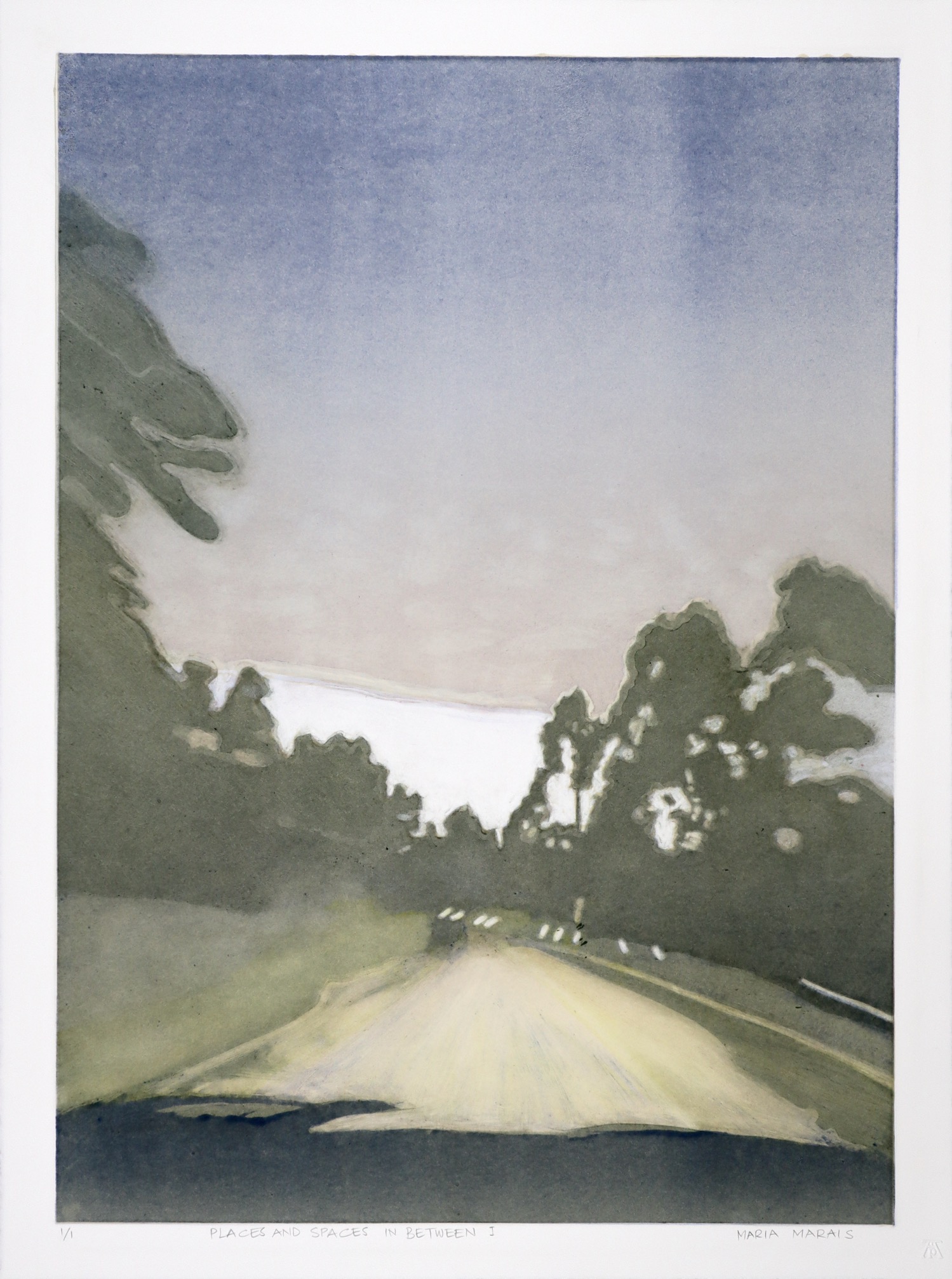 monotype print of road with trees and distant view