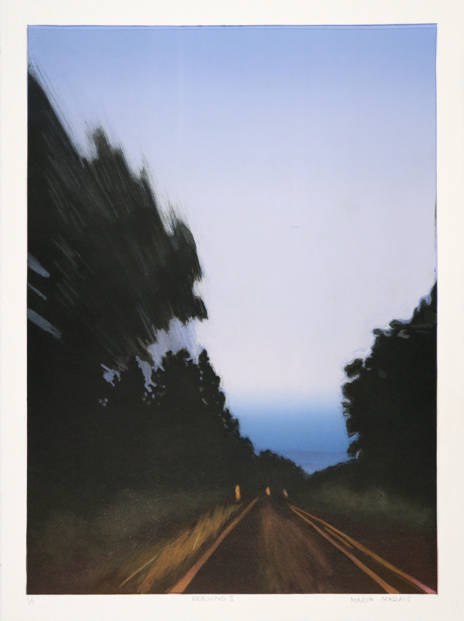 print of road with looming trees at either dusk or dawn