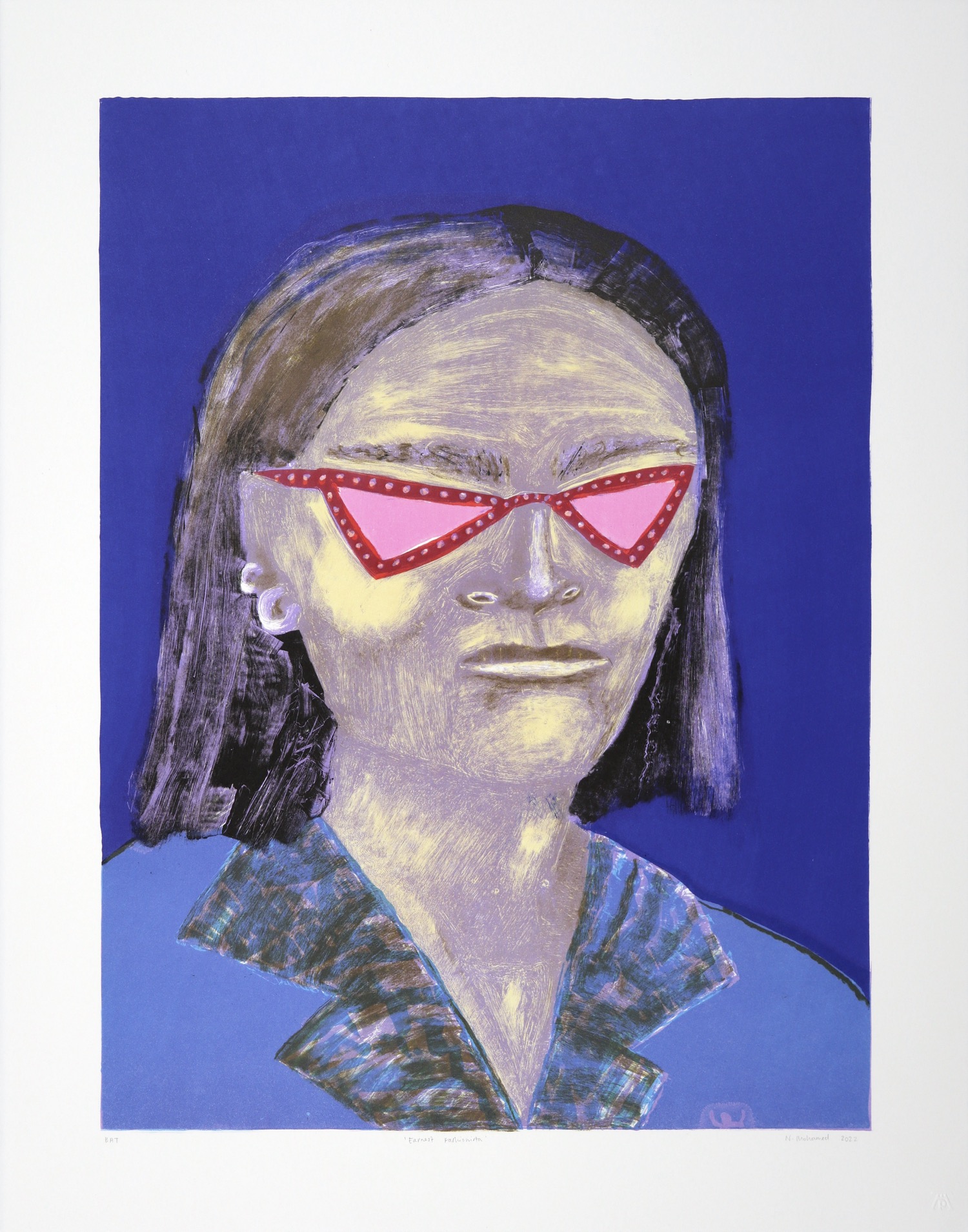 Clour lithograph of fashionable woman wearing sunglasses by Nabeeha Mohamed