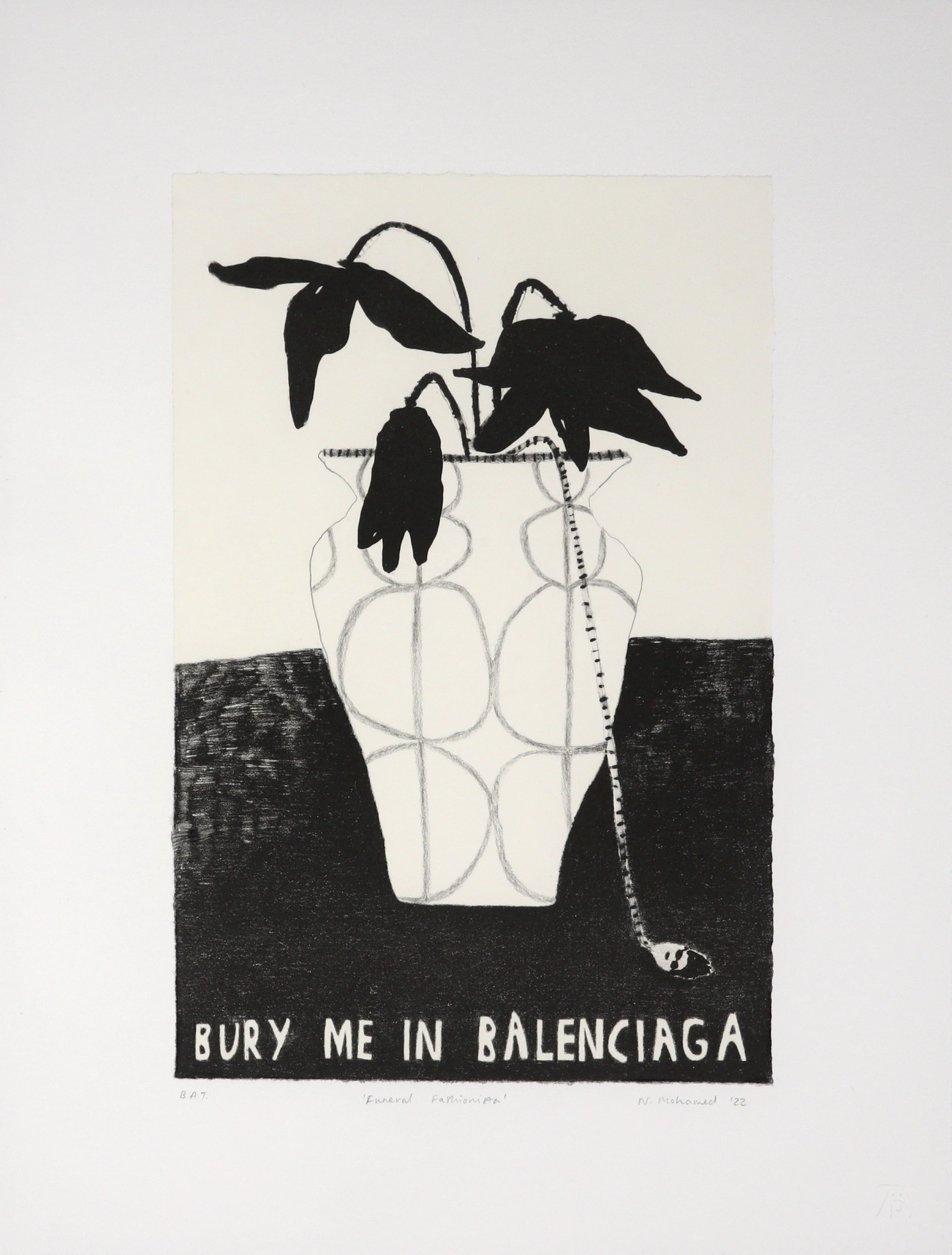 black and white lithograph of a vase with flowers with text below it by Nabeeha Mohmed