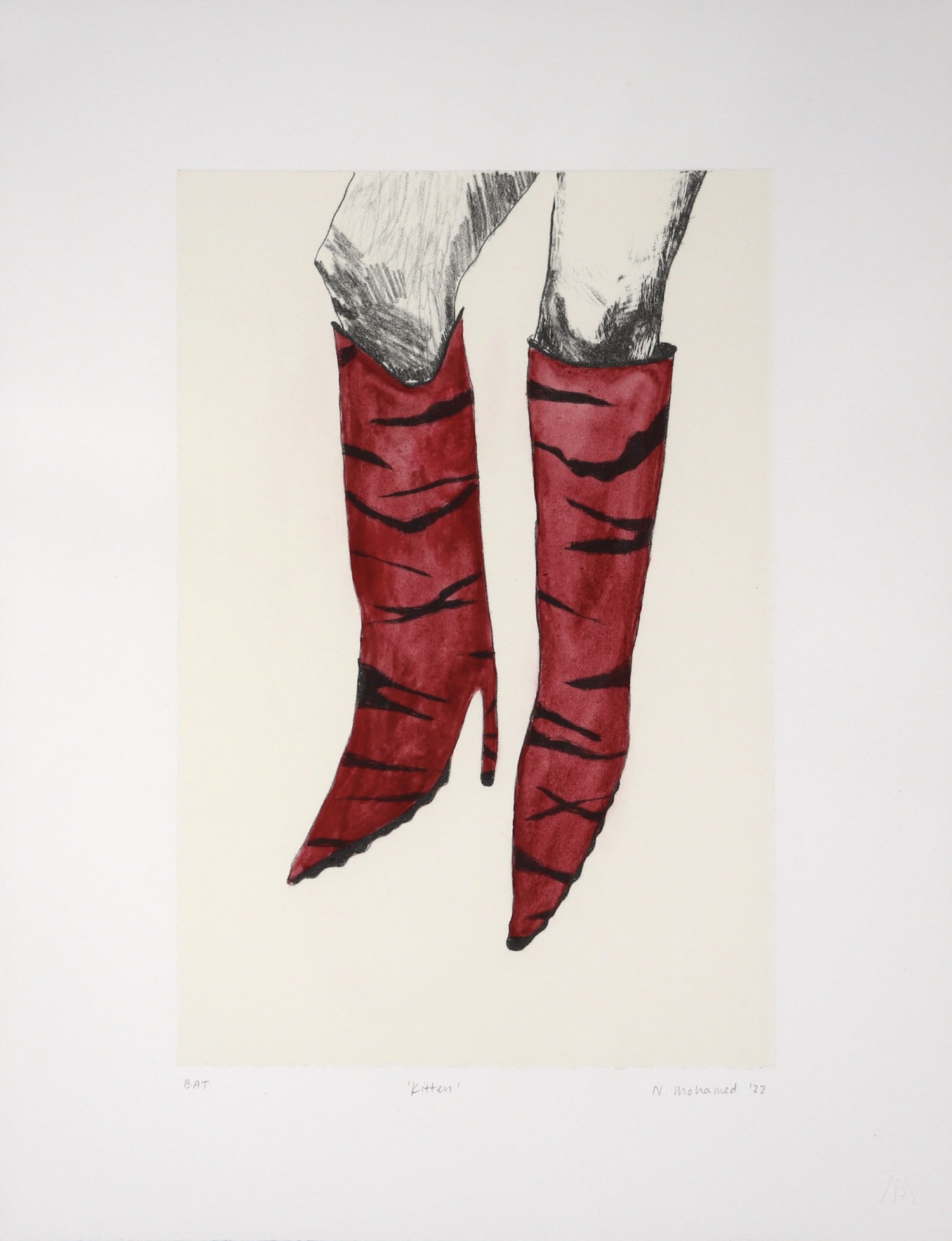 Hand drawn lithograph by Nabeeha Mohamed of red animal striped boots