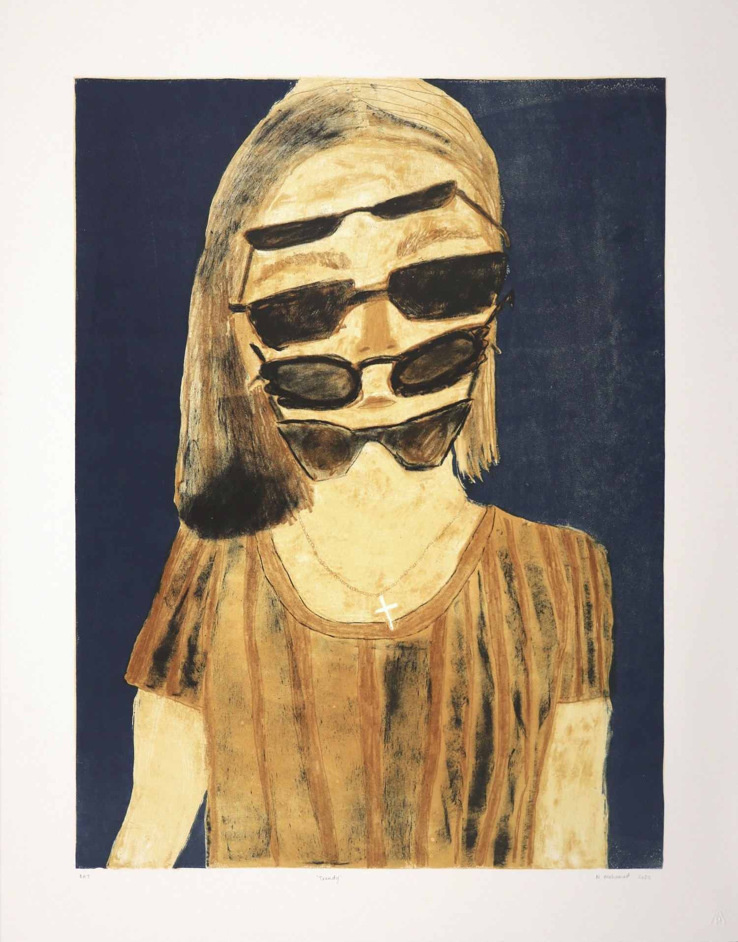Lithograph in browns and ochre of a young woman wearing many sunglasses by Nabeeha Mohamed
