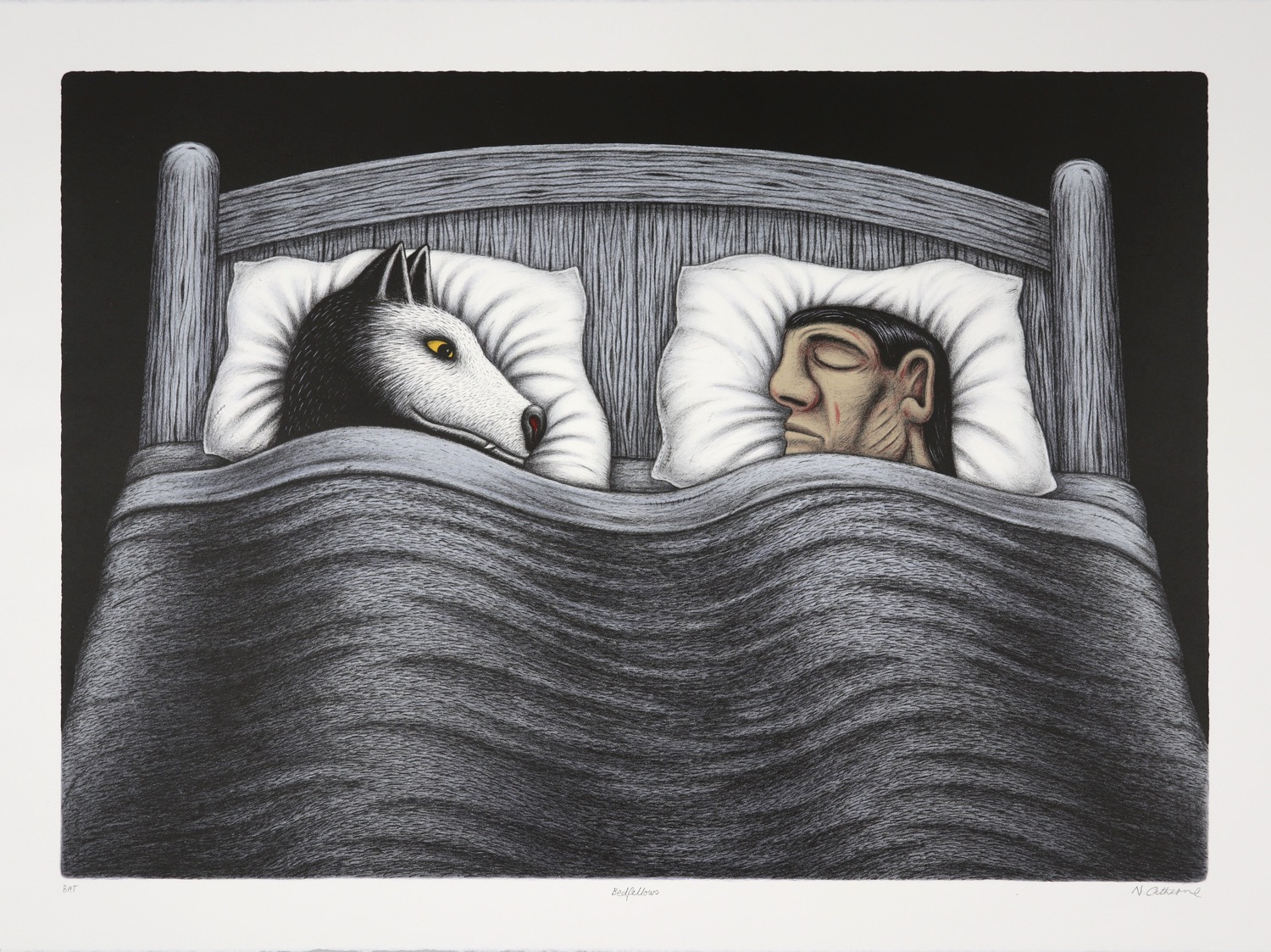 A dog and a man tucked into a bed with the dog watching the sleeping man
