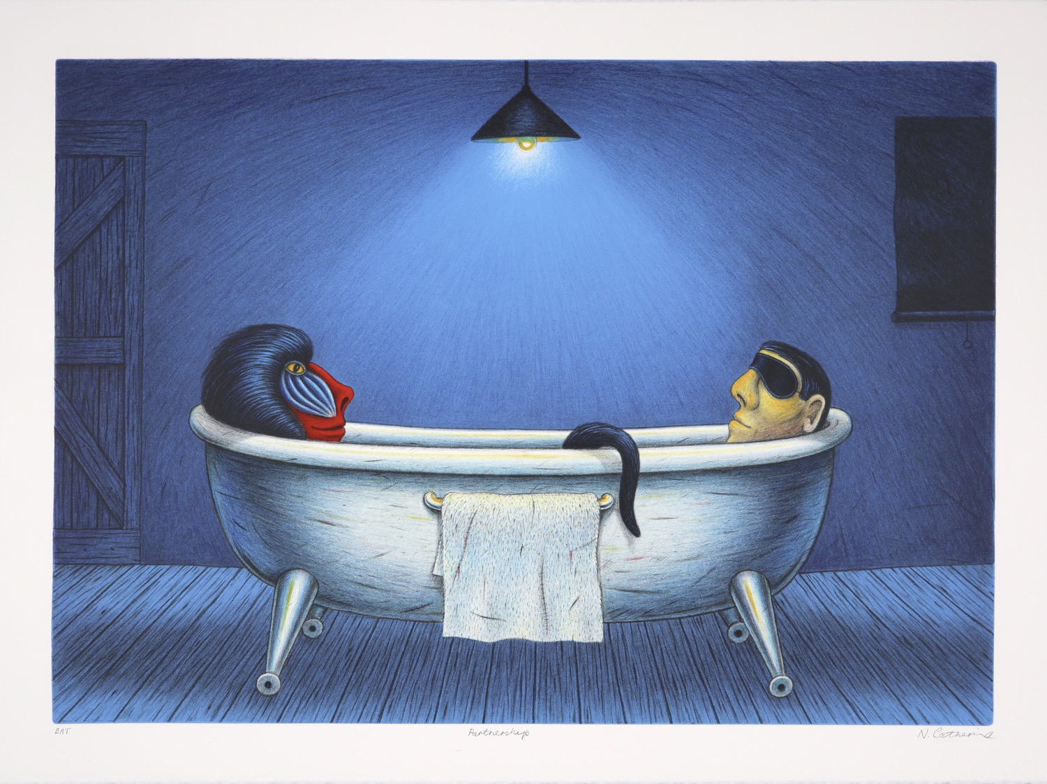Freestanding bathtub with a baboon and eye-masked man resting on opposite ends facing each other