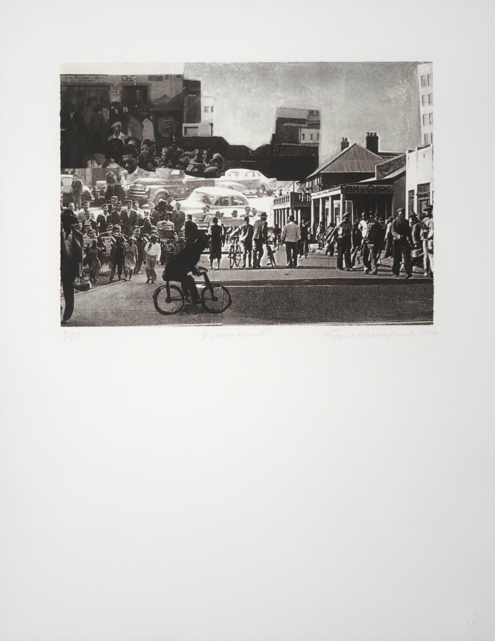 collaged image from multiple photographs of a crowded city scene with people in the foreground