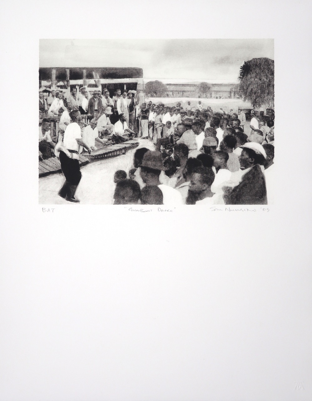 Photo-litho collage of a group of men gumboot dancing and playing the marimbas in mine compound Photo-litho collage of a group of men gumboot dancing and playing the marimbas in mine compound