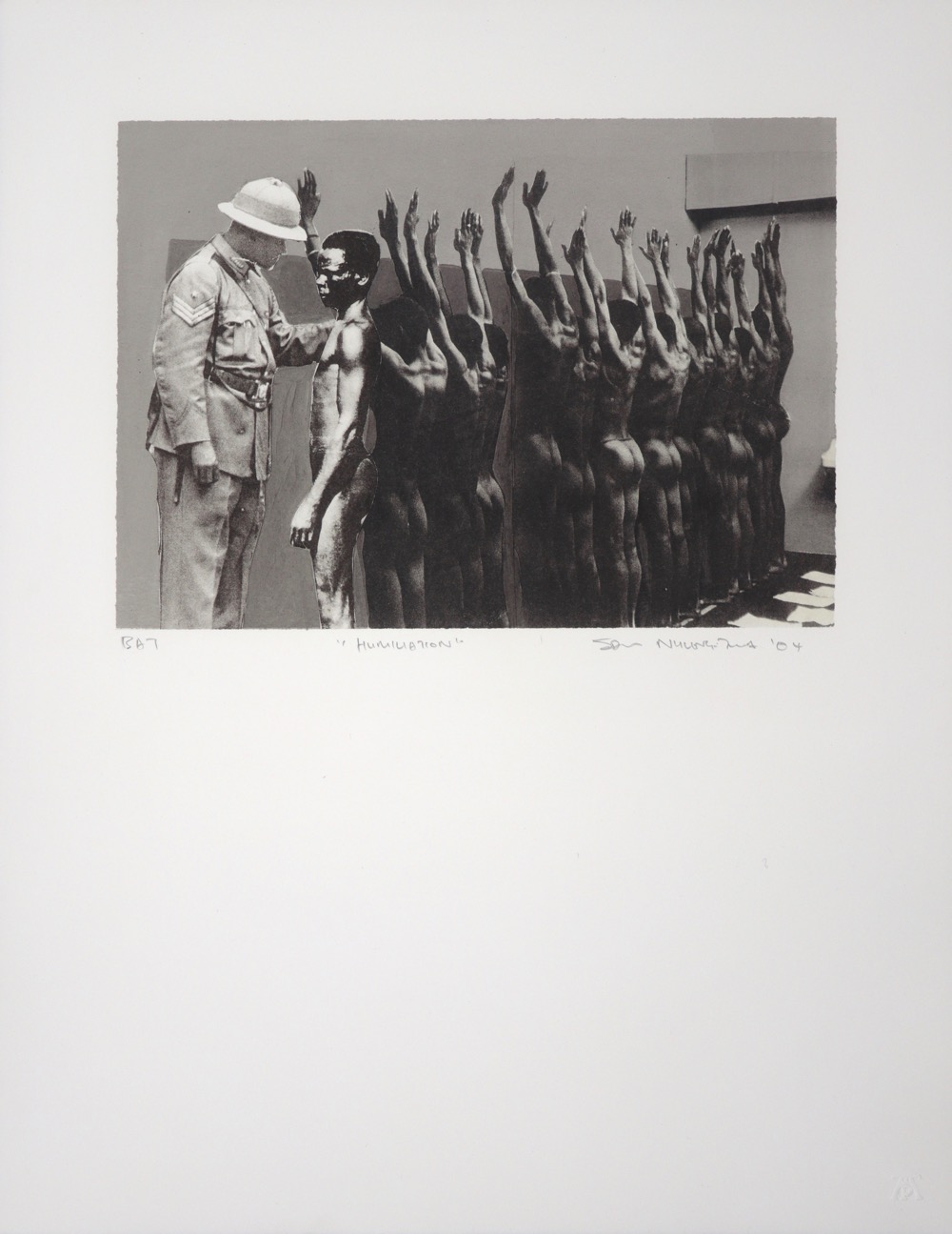 Policeman inspecting a row of naked miners standing up against a wall with arms above heads Policeman inspecting a row of naked miners standing up against a wall with arms above heads