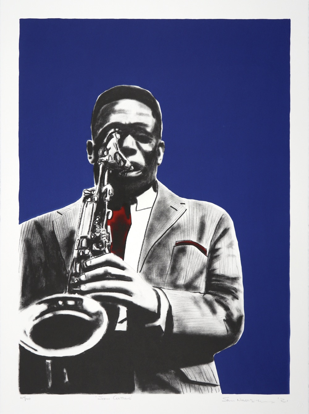 Lithograph of John Coltrane seen from the front blowing into his saxophone