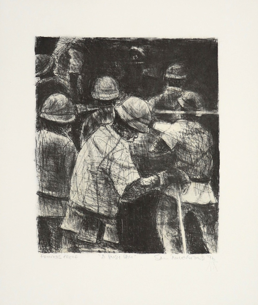 Monochromatic scratch litho showing a group of miners in protective gear underground