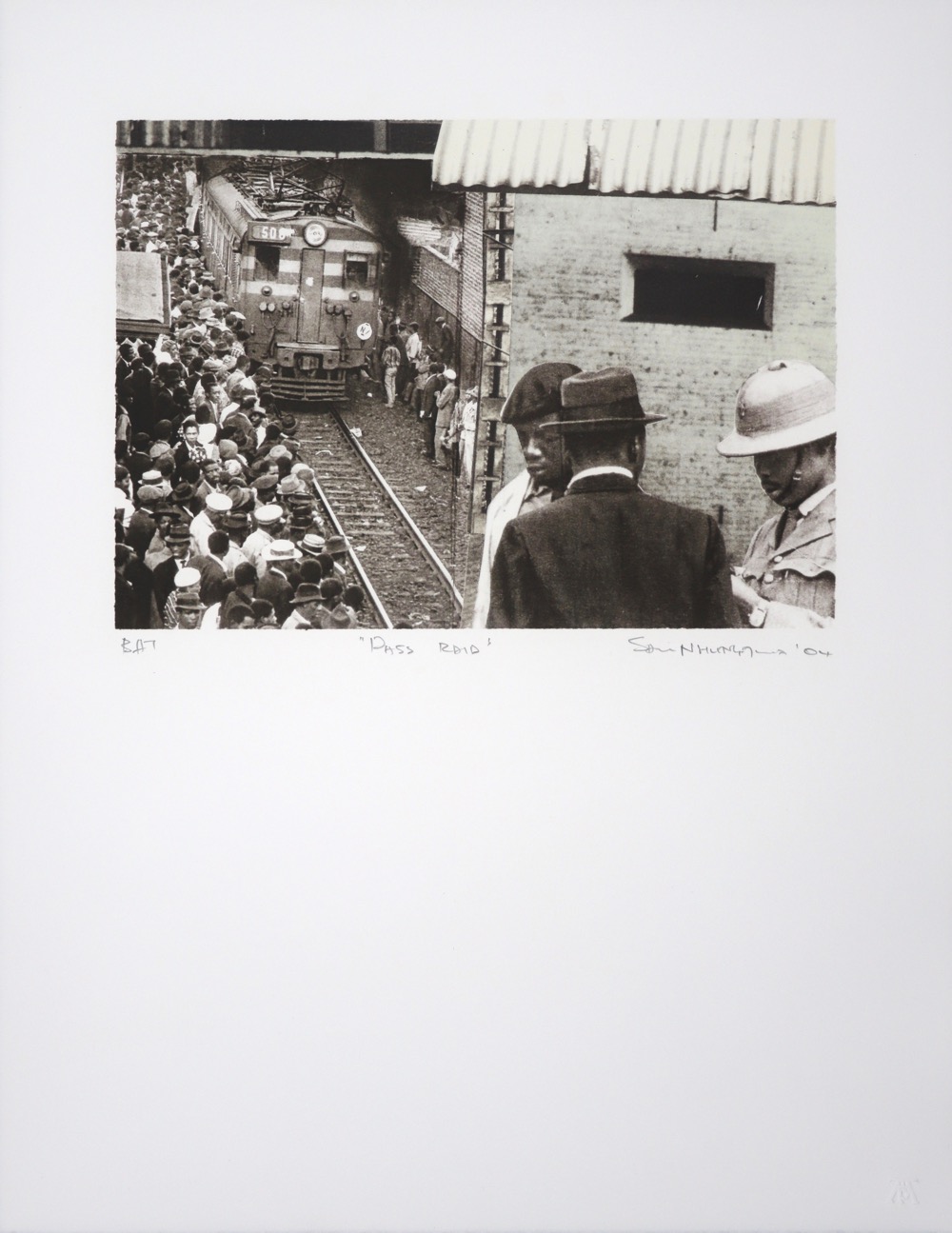 Apartheid policeman inspecting men's documentation with a crowded railway station platform