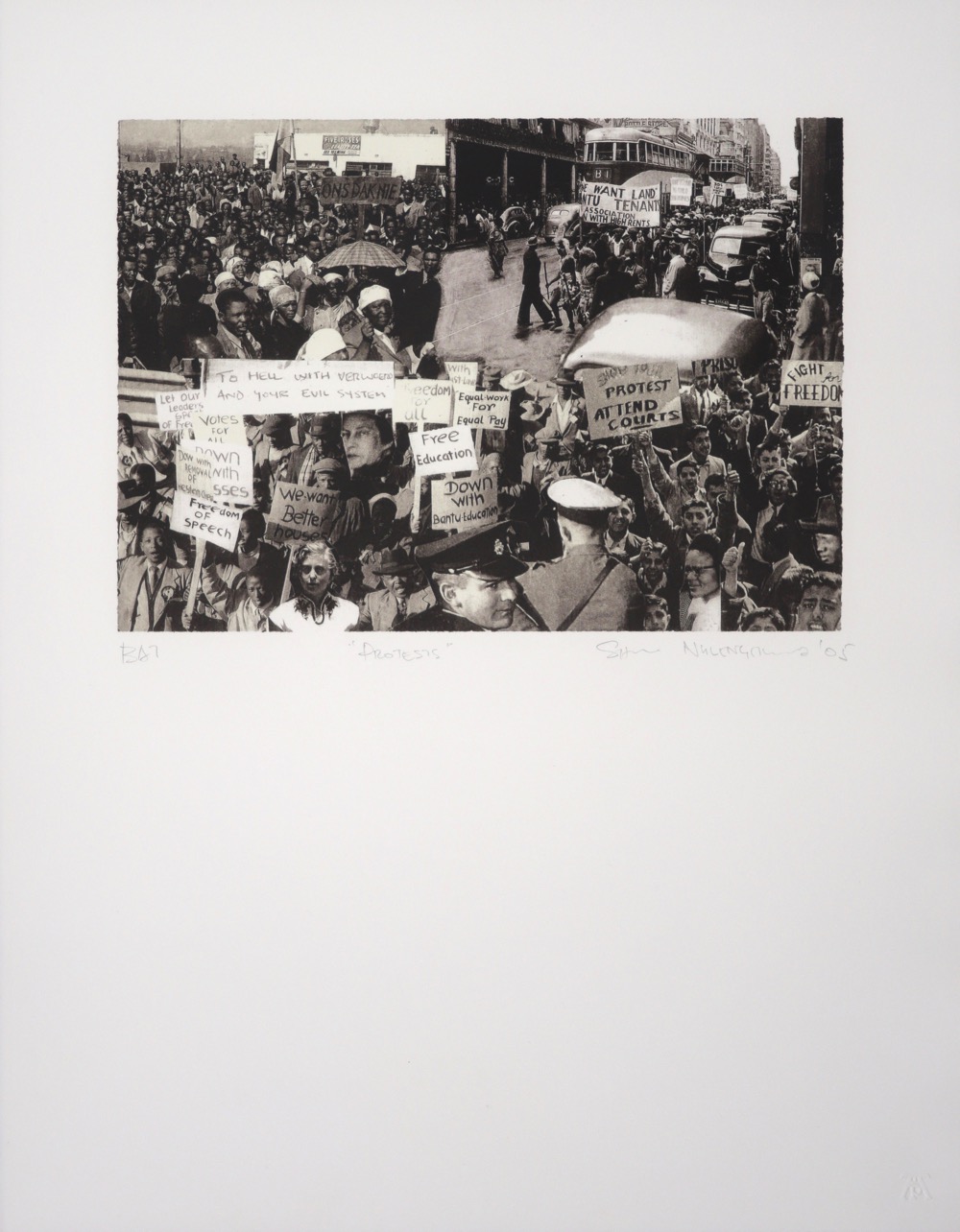 Crowded collage image of anti-Apartheid protestors and South African police