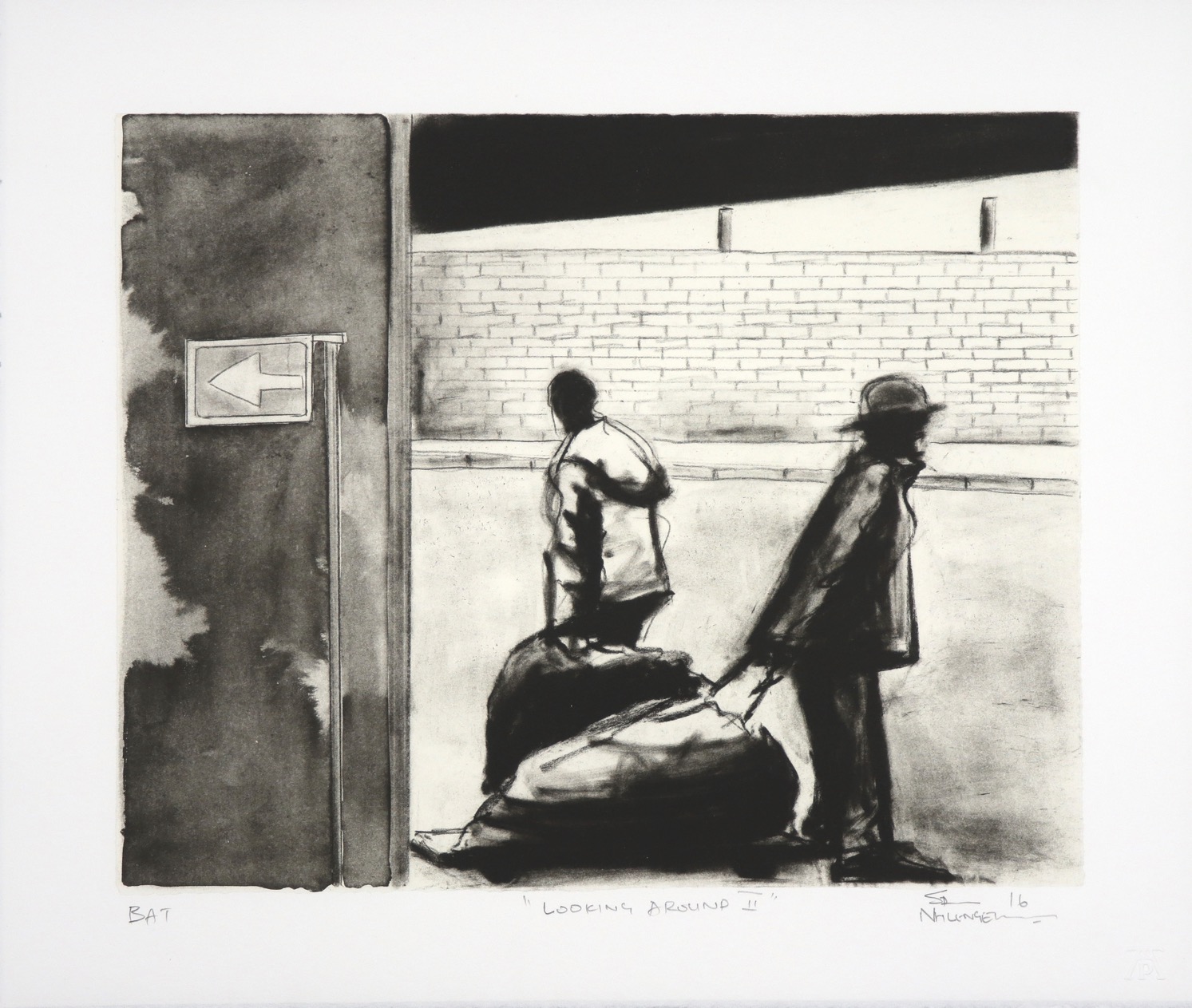 Two waste collectors in street facing in opposite directions with brick wall and street sign