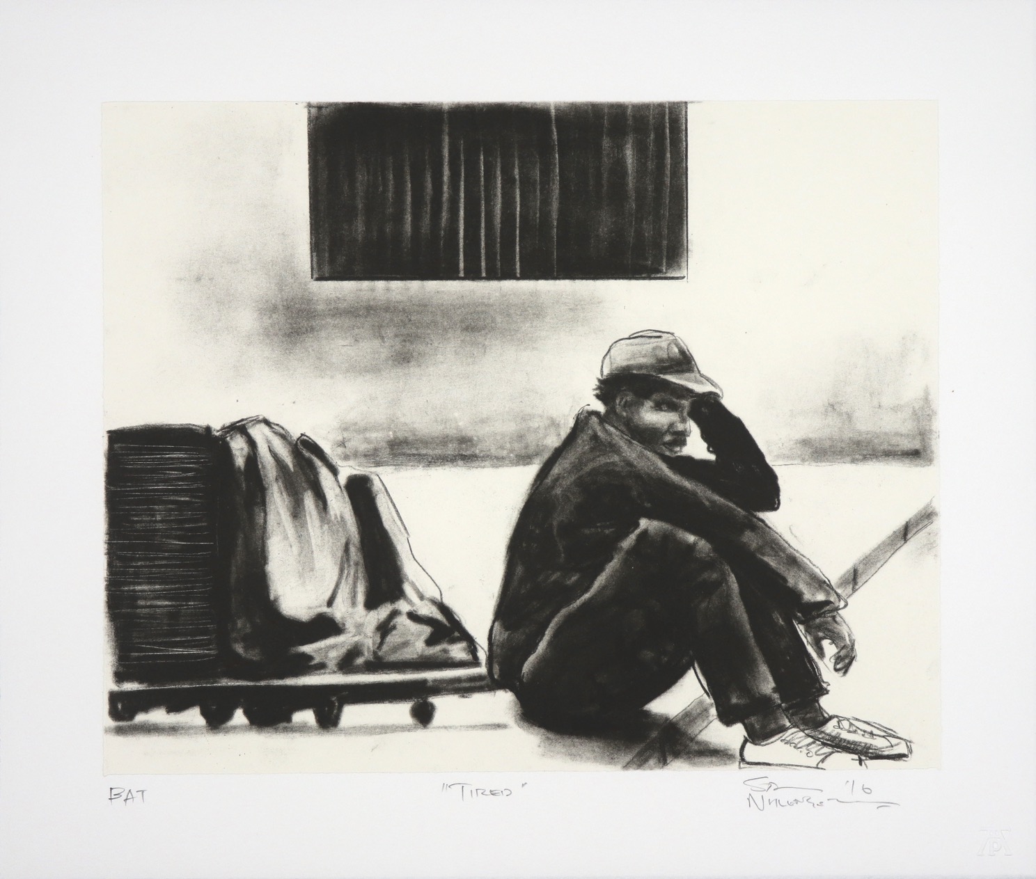 A tired recycler seated on pavement edge with his trolley behind him. A tired recycler seated on pavement edge with his trolley behind him.