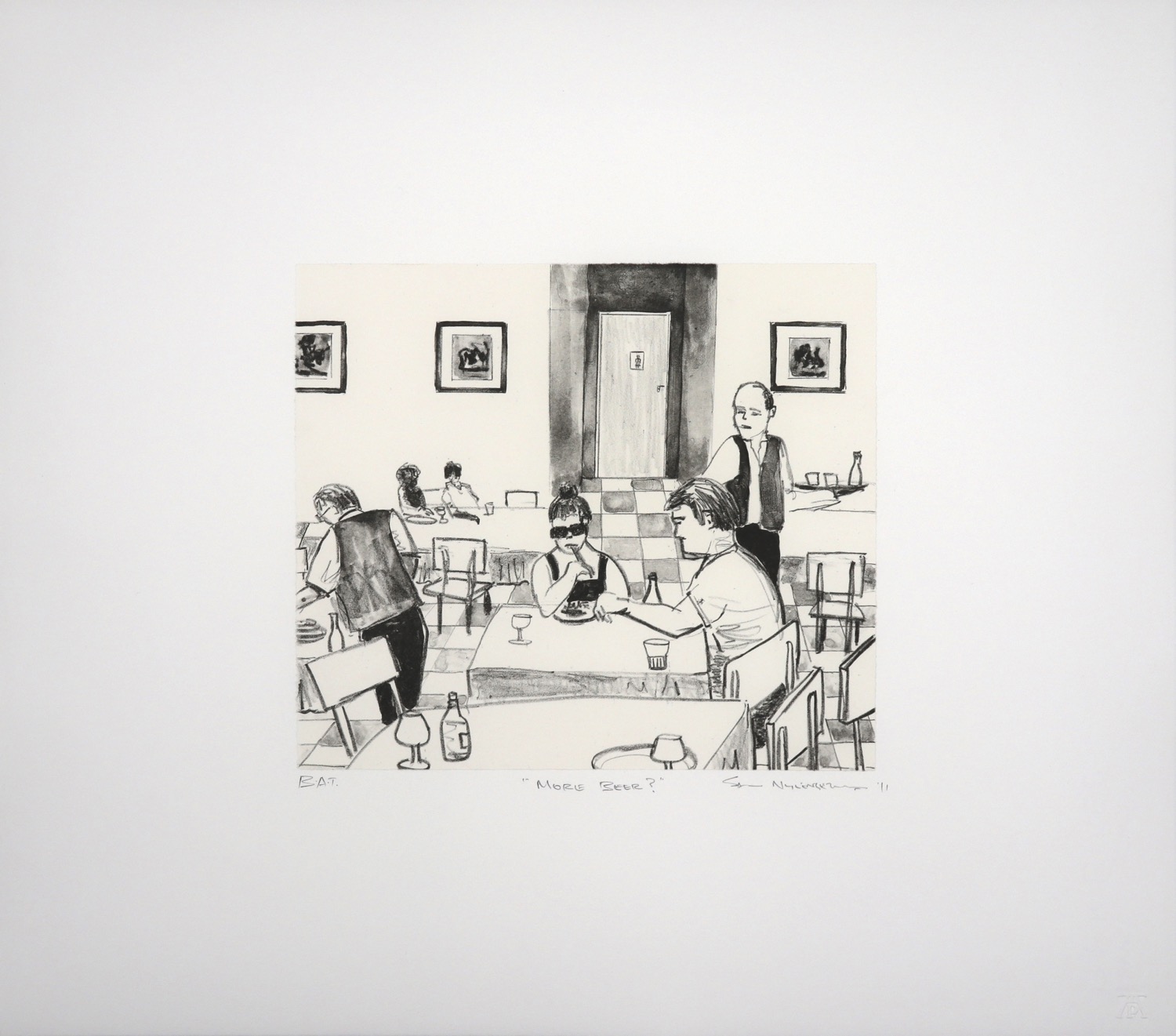 Indoor restaurant scene focussing on a couple sitting at a table with waiter behind them Indoor restaurant scene focussing on a couple sitting at a table with waiter behind them