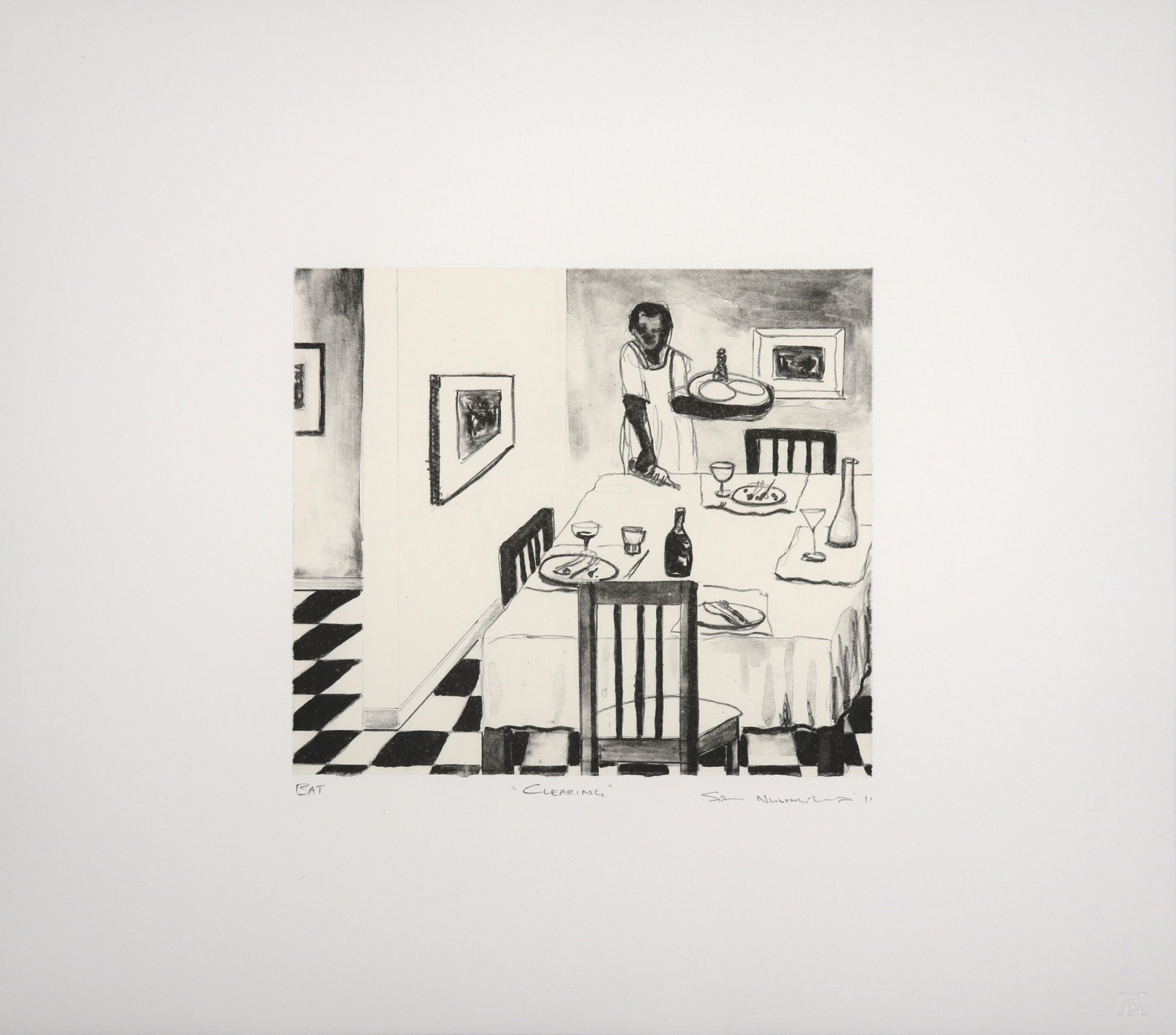 Interior of a restaurant dining room with a woman clearing a table after a meal. Interior of a restaurant dining room with a woman clearing a table after a meal.