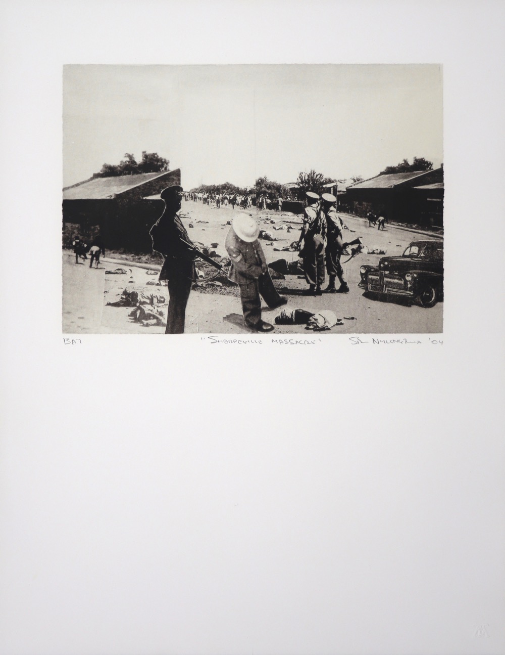 Collaged image of armed South African Police and protestors shot dead at Sharpeville Collaged image of armed South African Police and protestors shot dead at Sharpeville