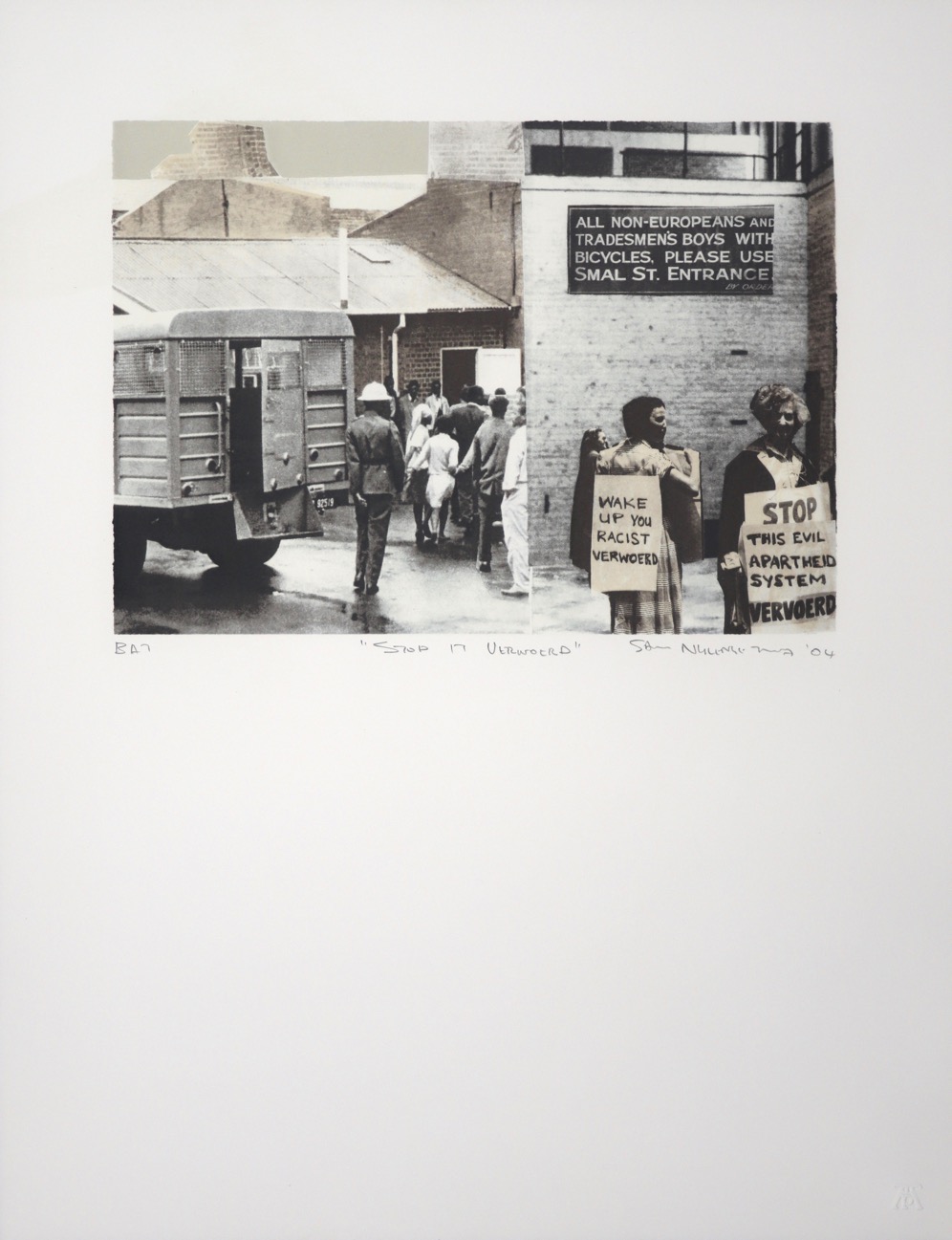 Collage photo-lithograph of police van and women holding protest placards