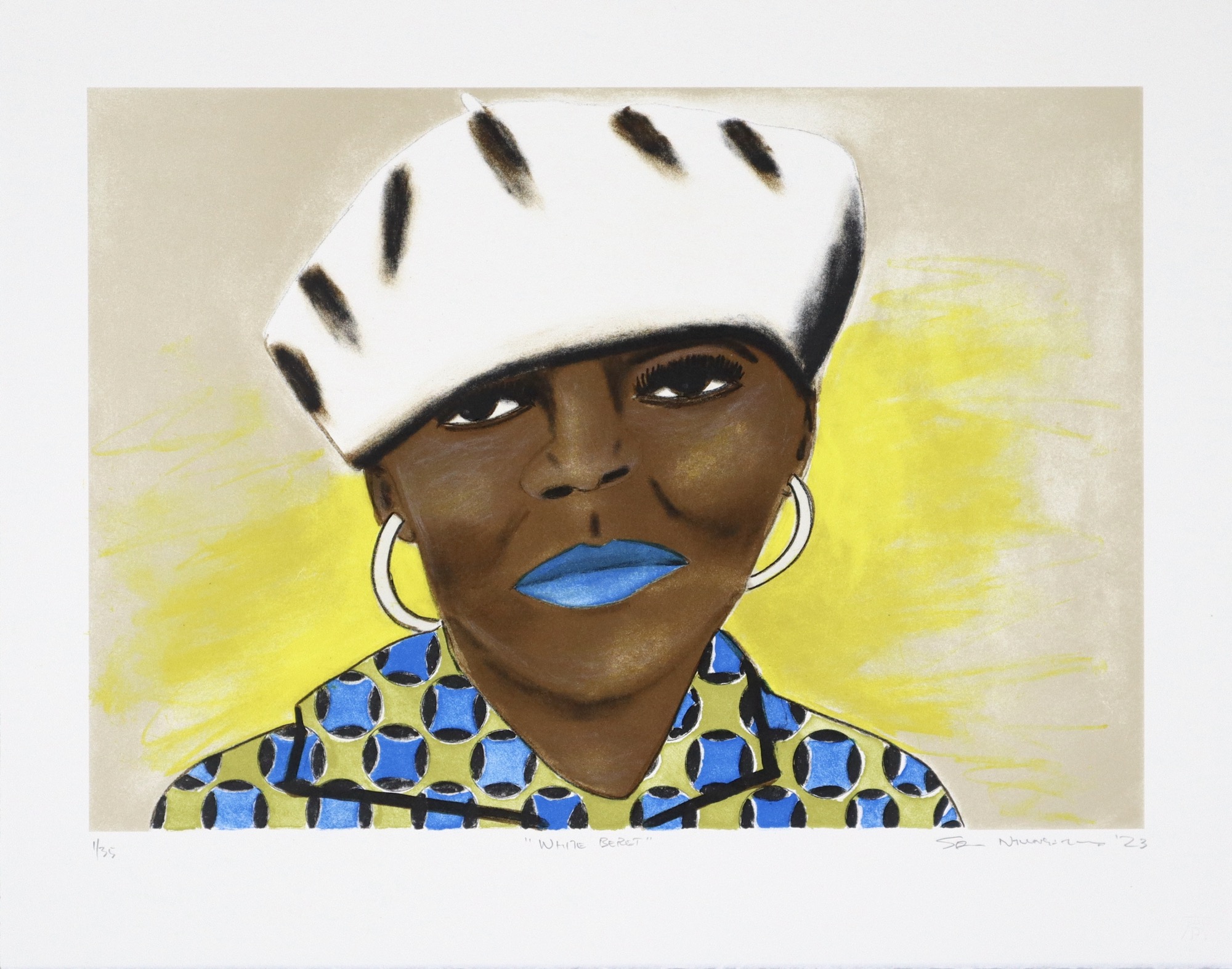 Sam nhlengethwa lithogrpah of woman wearing white beret facing viewer Sam nhlengethwa lithogrpah of woman wearing white beret facing viewer