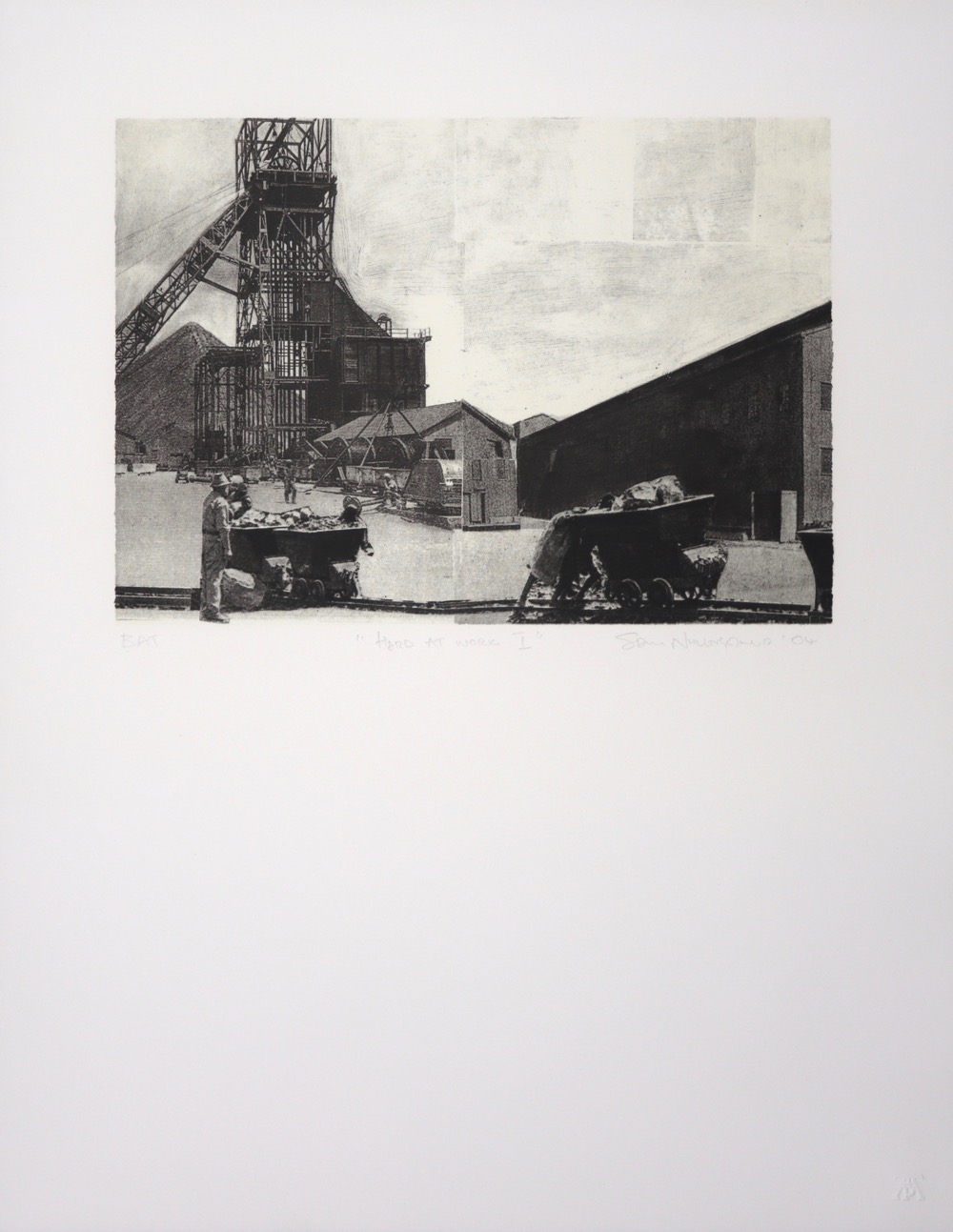 South African mine scene showing mining gear, miners and buildings South African mine scene showing mining gear, miners and buildings