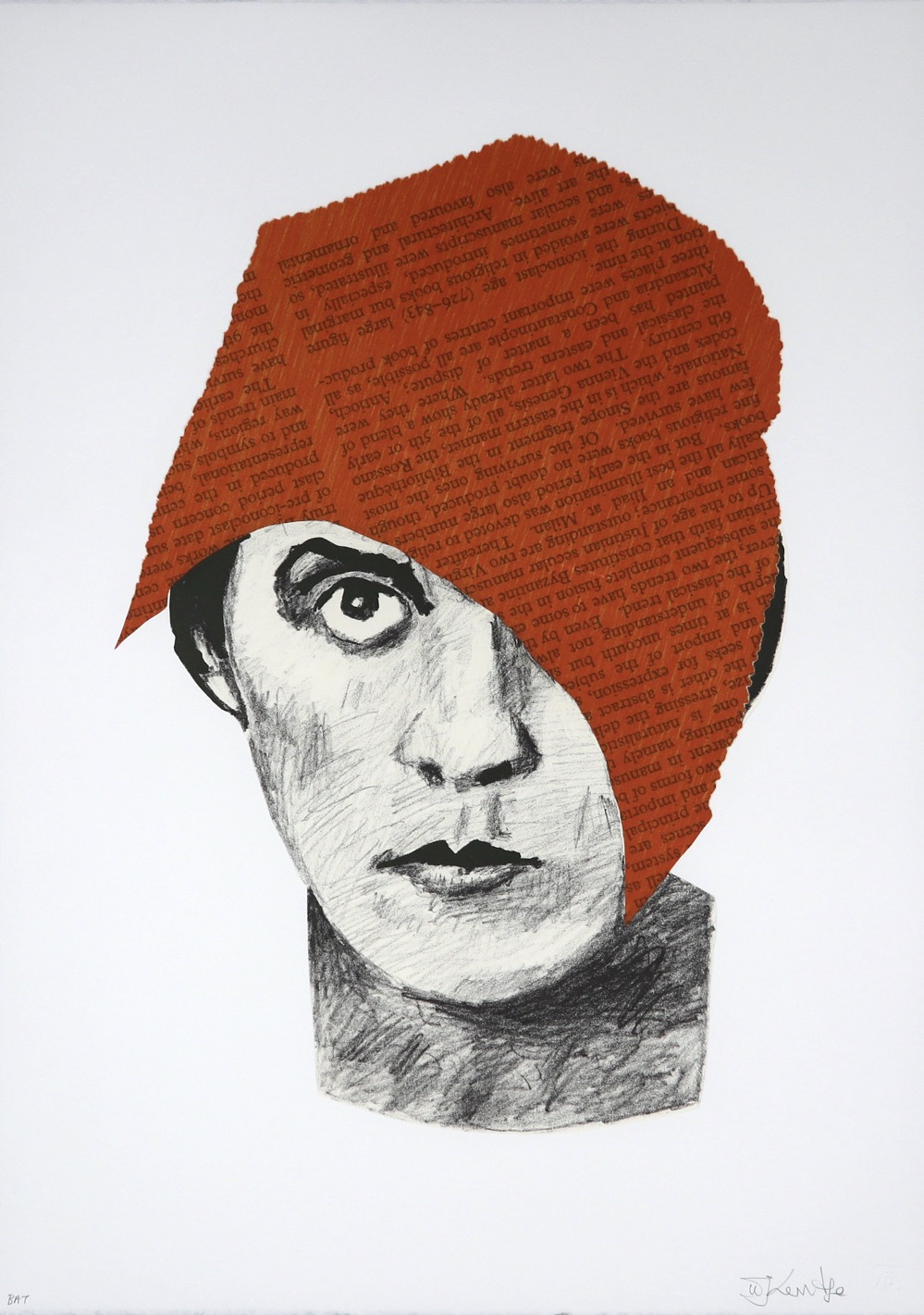Portrait of Lily Brik facing outwards with orange collaged torn pice of paper with text on her head and covering one eye by William Kentridge