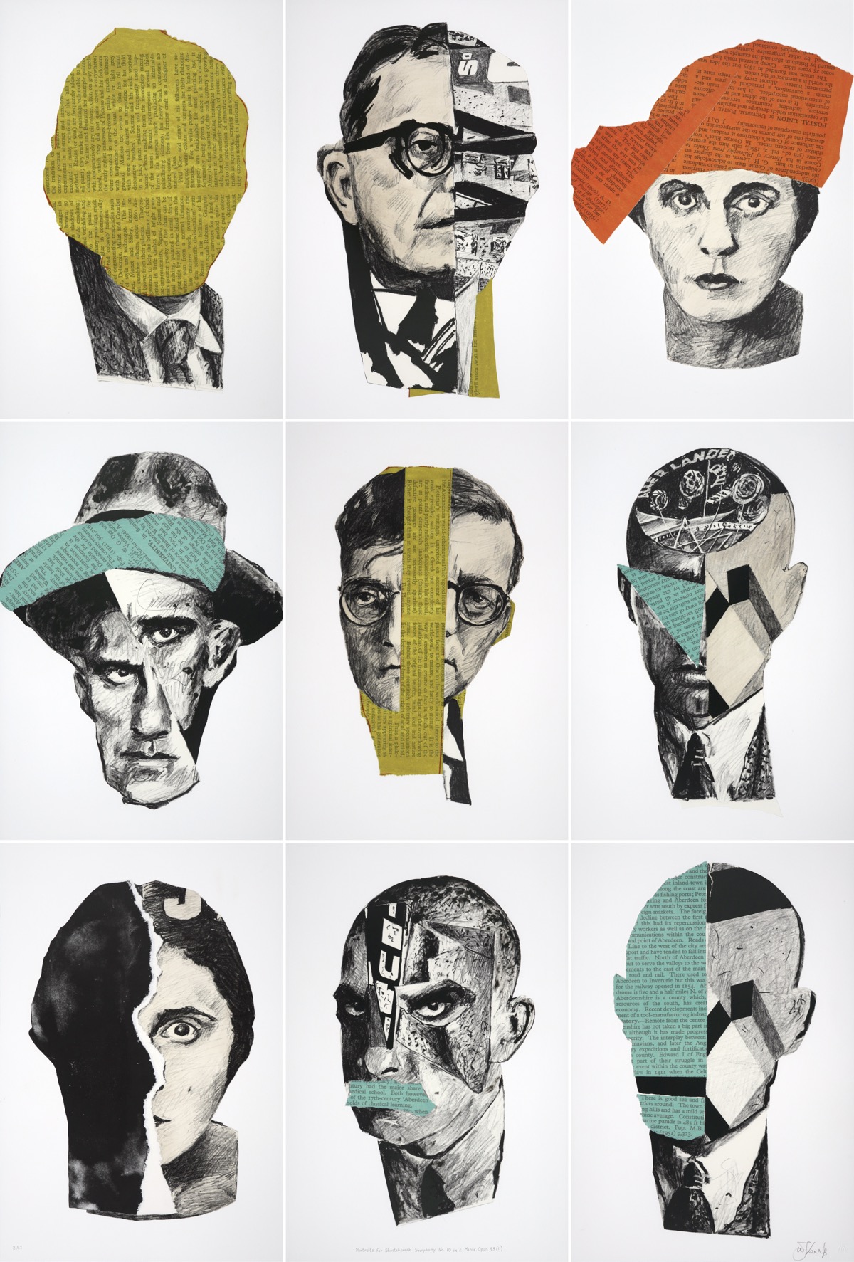 Nine collaged portraits of Mayakovsky, Lily Brik and Shostakovich in a map fold lithograph in  turquoise, acid green and various blacks