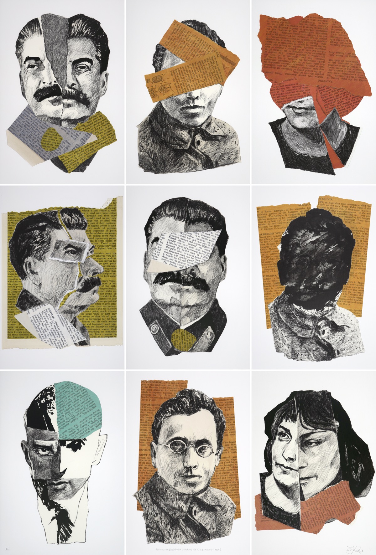 Limited edition print divided into nine sections with portraits of Elmira Nazirova, Mayakovsky and Stalin by William Kentridge