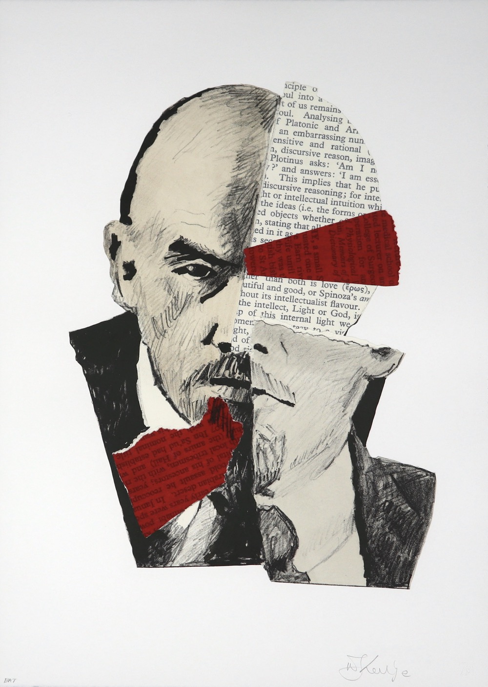 Head and shoulders portrait of Lenin consisting of hand-printed and collaged elements adhered to white paper by William Kentridge