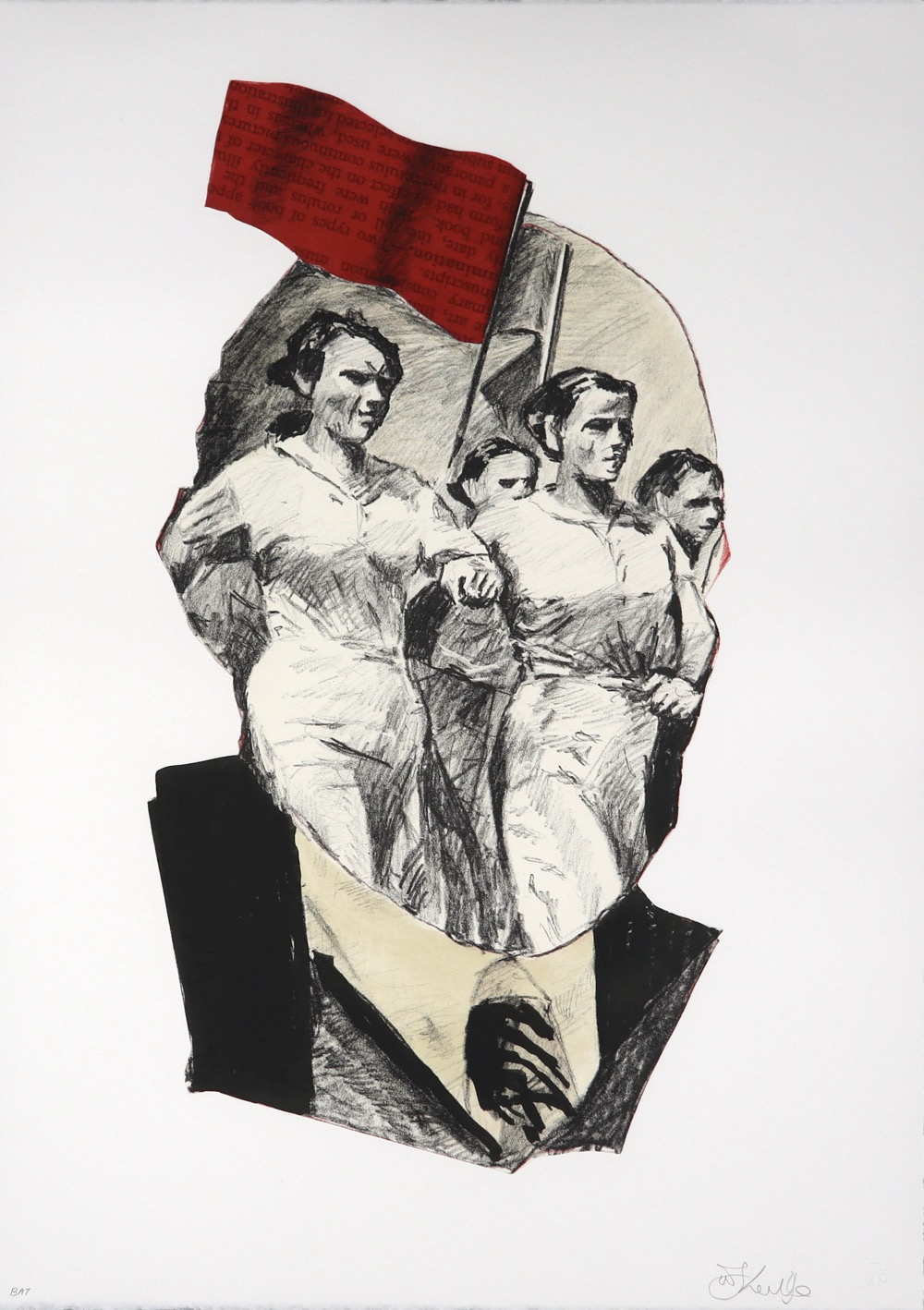 Head and shoulders outline of Lenin with marching women holding a red flag drawn into where facial features would usually be by William Kentridge